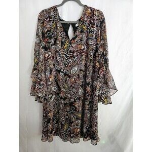 Calvin Klein Women’s Dress Size 20W Black Multicolor Paisley Bell Sleeve Lined